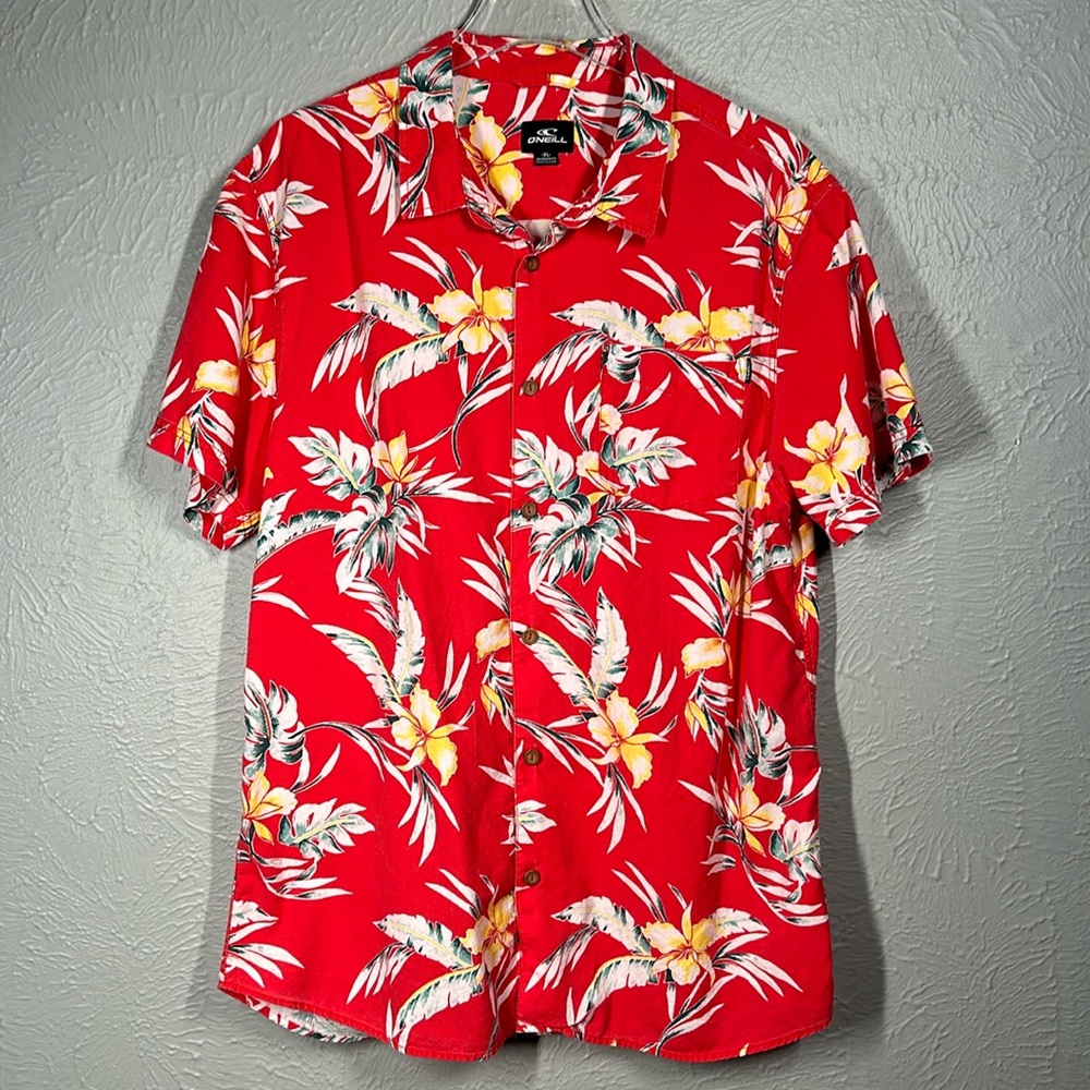 O'Neill Red Tropical Plant Print Button Up Short Sleeve Shirt Men's Size… - Picture 1 of 7